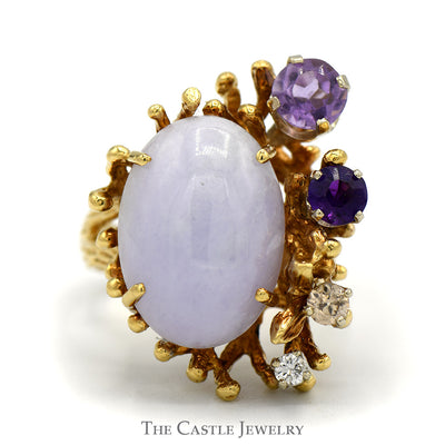 Oval Lavender Jade Ring with Amethyst & Diamond Accents in 18k Yellow Gold