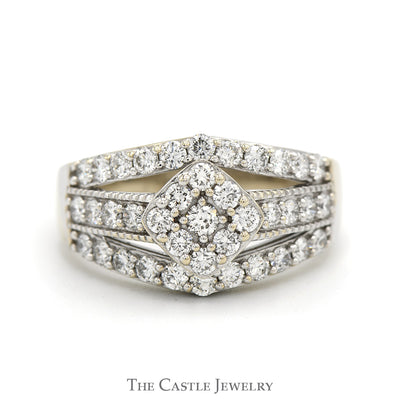 1cttw Lab Grown Diamond Cluster Engagement Ring with Open Split Rows in 14k White Gold