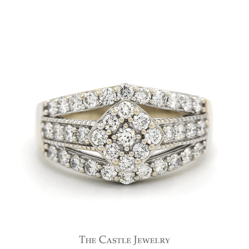 1cttw Lab Grown Diamond Cluster Engagement Ring with Open Split Rows in 14k White Gold