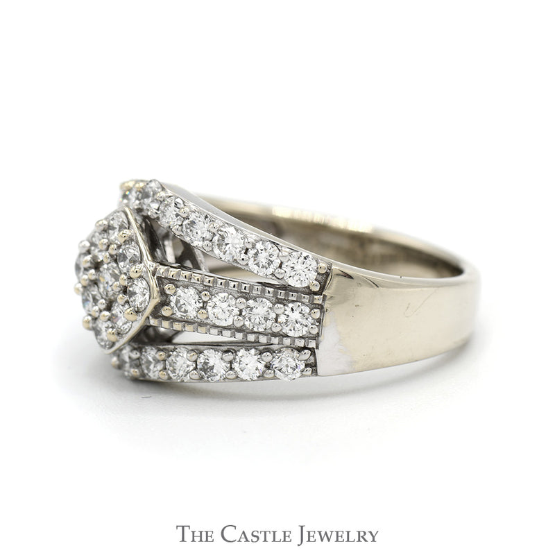 1cttw Lab Grown Diamond Cluster Engagement Ring with Open Split Rows in 14k White Gold