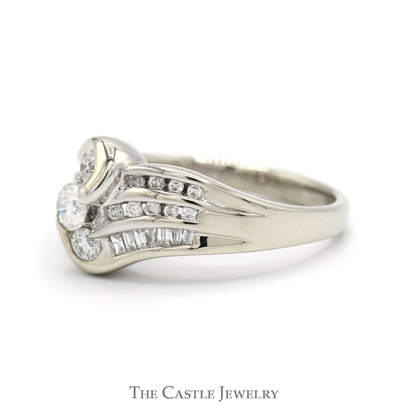 3/4cttw Vertical Three Stone Diamond Ring with Diamond Accented Sides in 14k White Gold