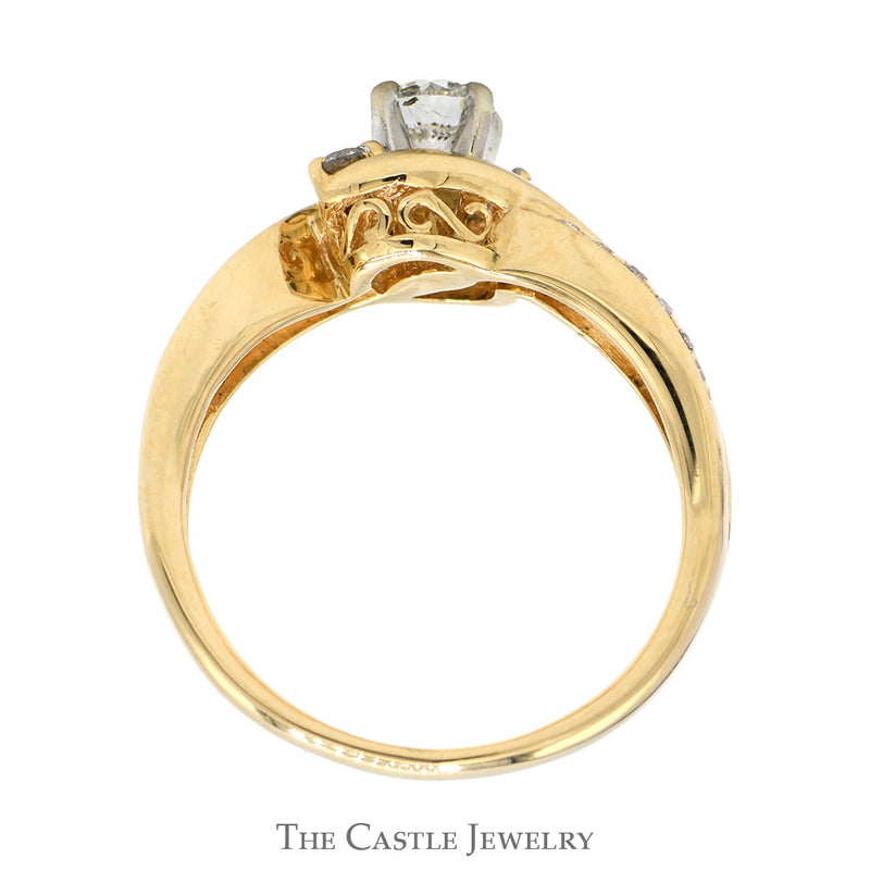 Triple Diamond Bypass Ring with Diamond Accented Open Sides in 14k Yellow Gold