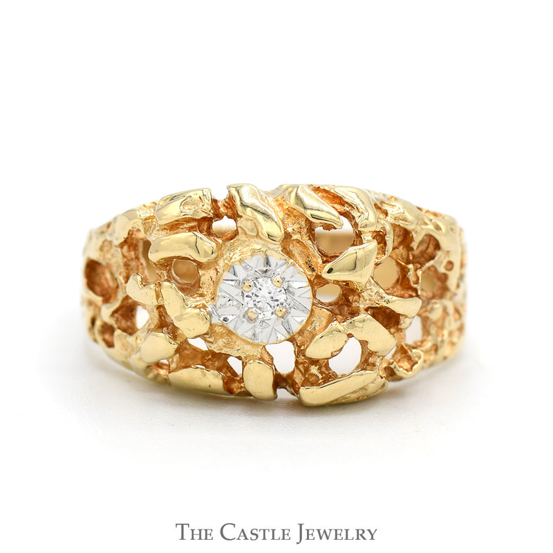 .05ct Illusion Set Diamond Solitaire Men's Ring with Open Nugget Textured Sides in 10k Yellow Gold