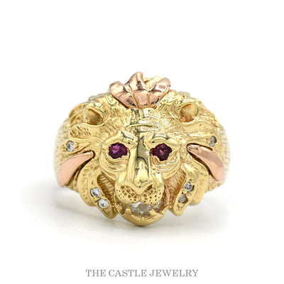 14k yellow gold men's lion head ring with diamond and ruby accents — top view