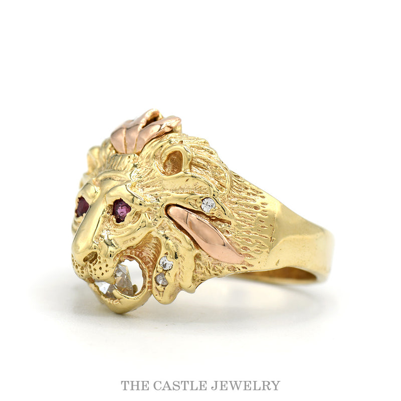 Side profile of the 14k yellow gold lion head ring showing mane detail