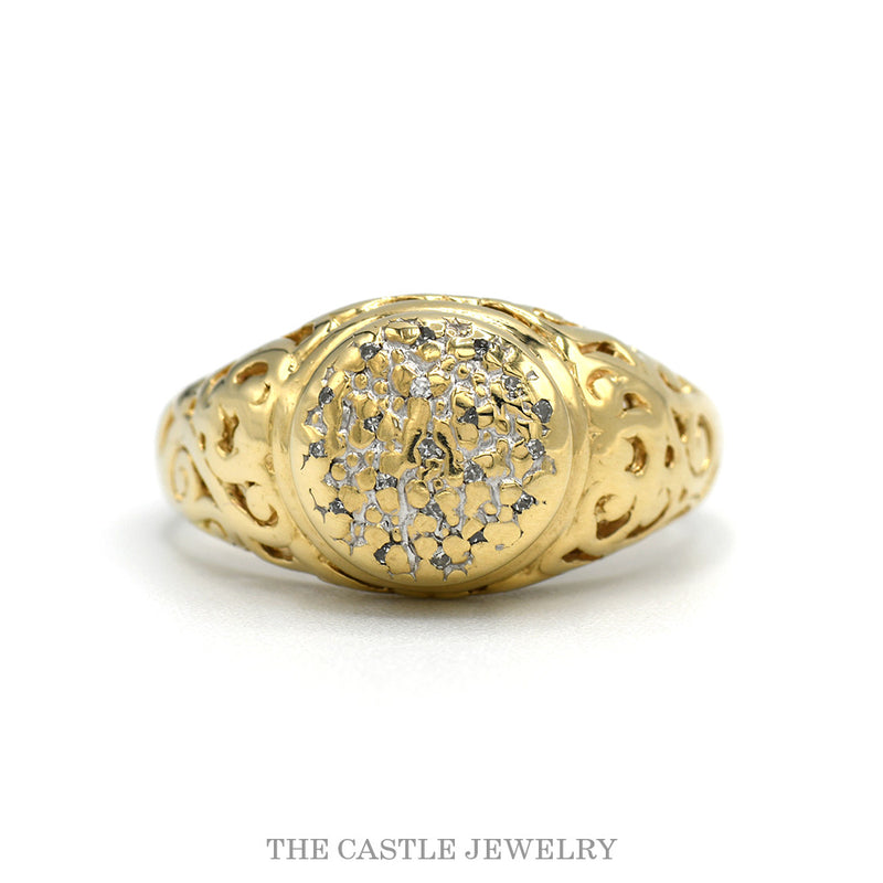 10k yellow gold nugget textured Kentucky cluster ring with open scroll sides — top view