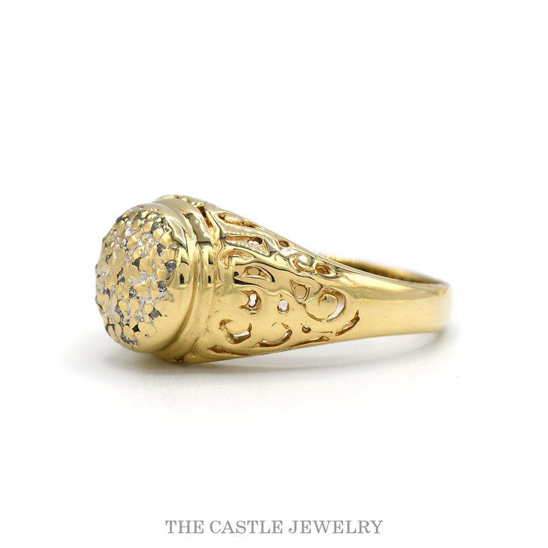 Side profile of the Kentucky cluster ring showing the pierced scroll shoulders