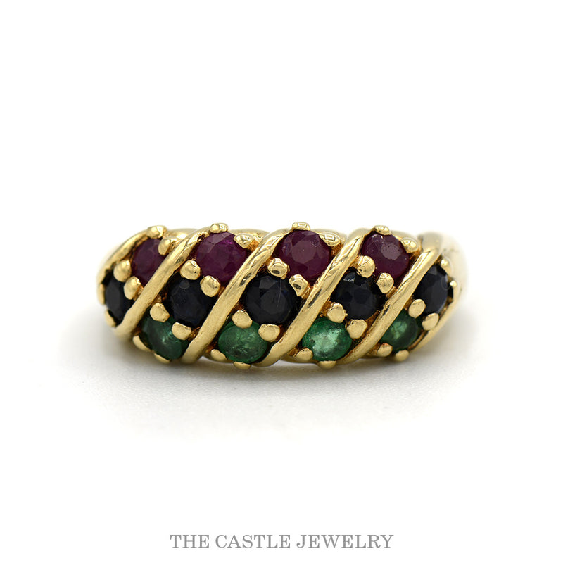 14k yellow gold ruby, sapphire, and emerald diagonal row band — top view
