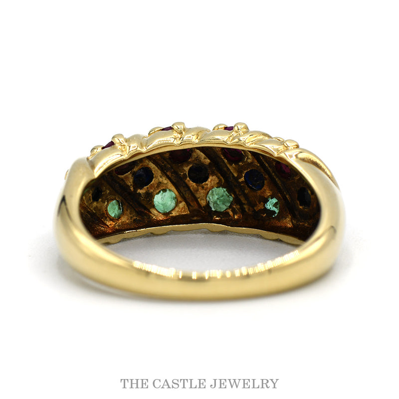 Front-facing view of the 14k yellow gold multi-gem diagonal band