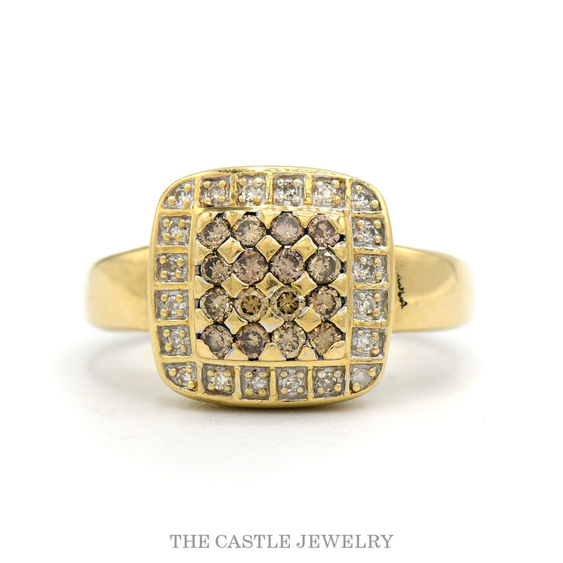 14k yellow gold cognac diamond cluster ring with white diamond halo — top view