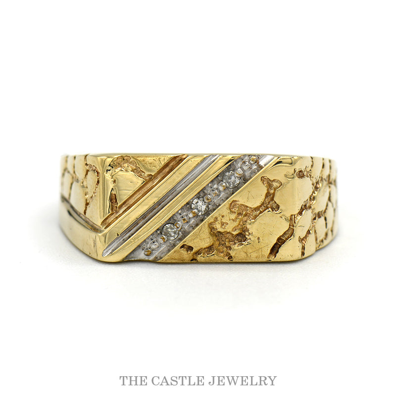 10k yellow gold men's diagonal diamond row nugget ring — top view