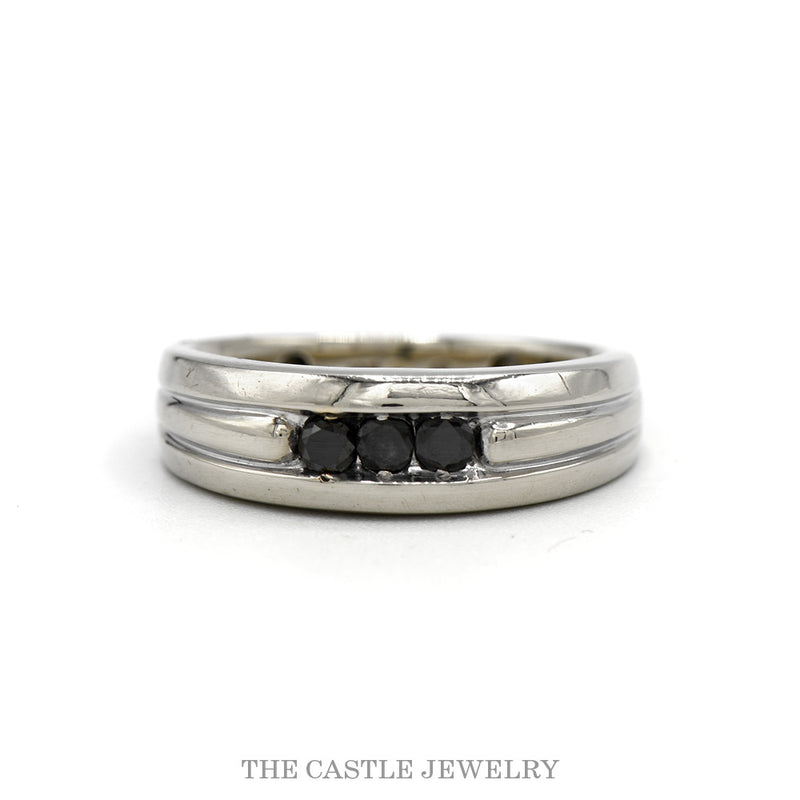 10k white gold black diamond three stone wedding band — top view