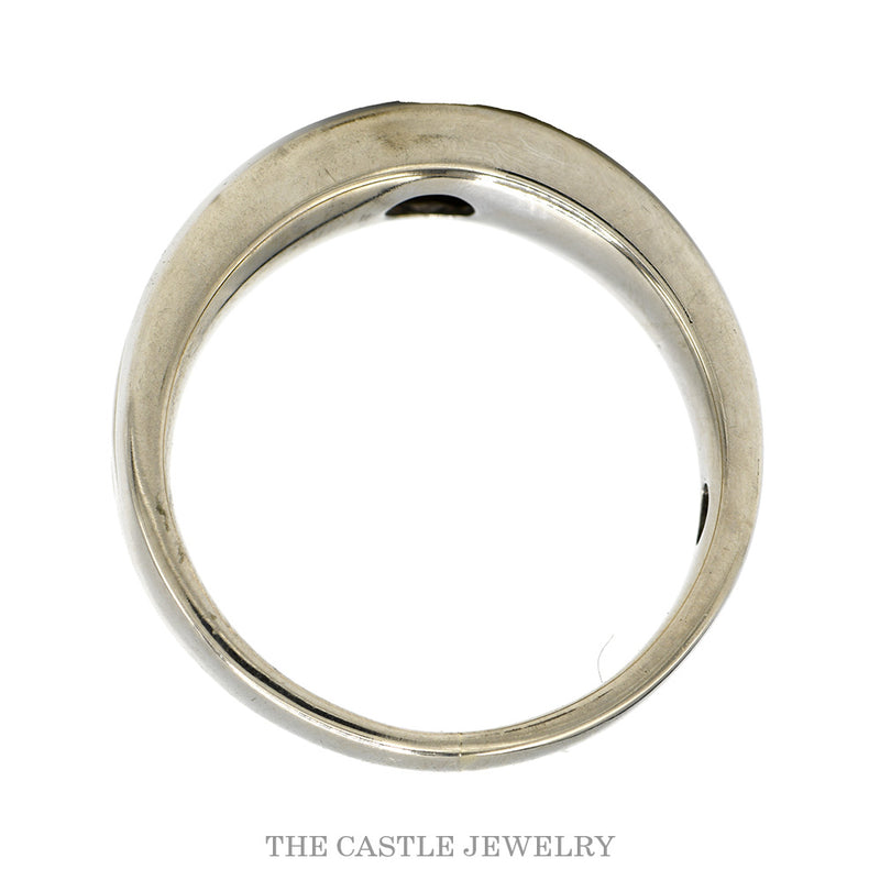 Front-facing view of the black diamond three stone wedding band in 10k white gold