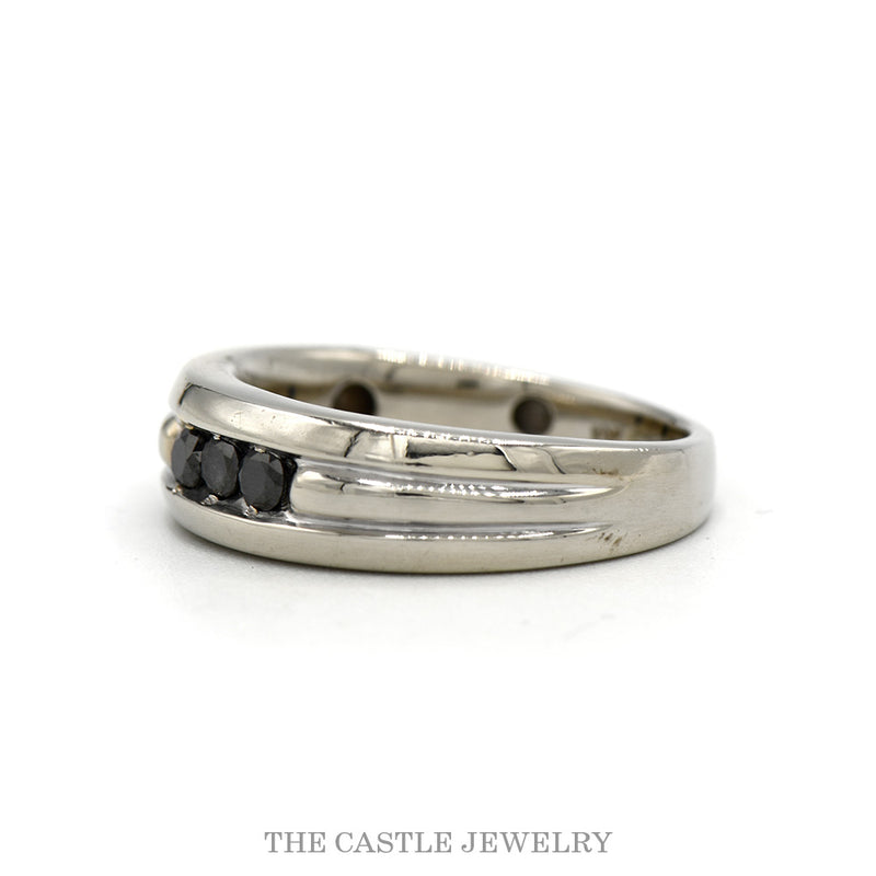 Side profile of the 10k white gold black diamond band showing the rounded grooved profile