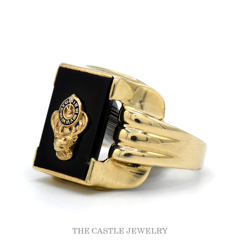 Side profile of the 10k yellow gold Elks BPOE onyx ring showing the scrolled ridge shoulders
