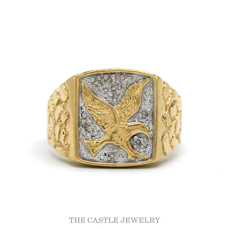 10k gold eagle signet ring with nugget design sides and a beaded white field — top view