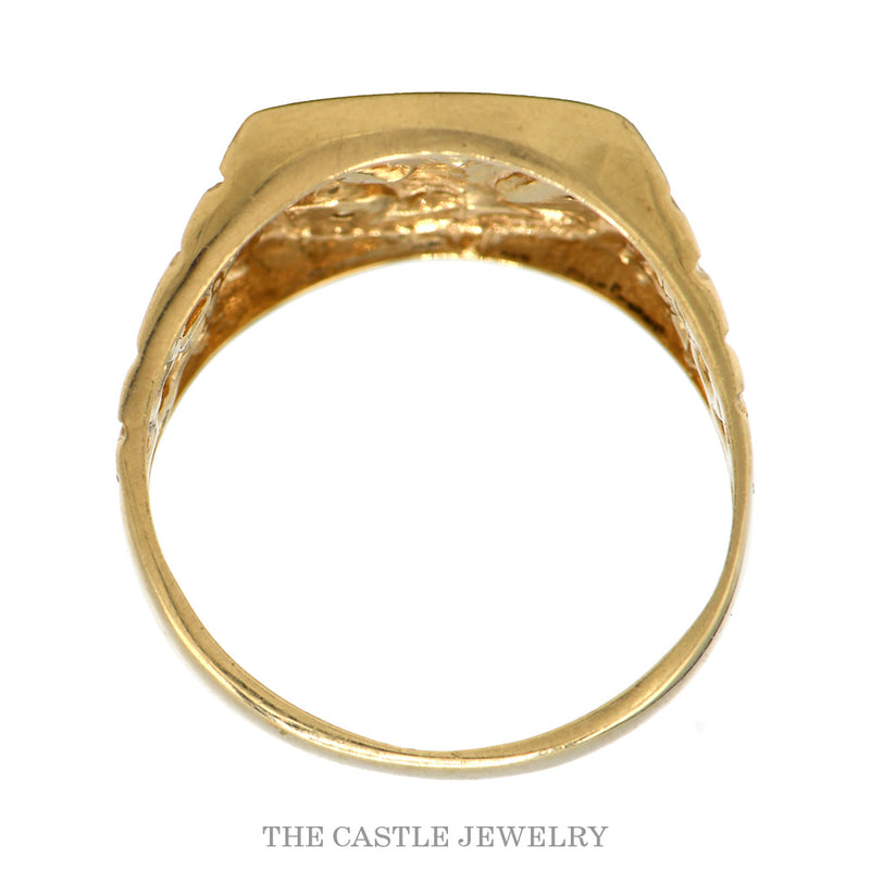 Front-facing view of the .04cttw eagle signet ring with nugget sides in 10k gold