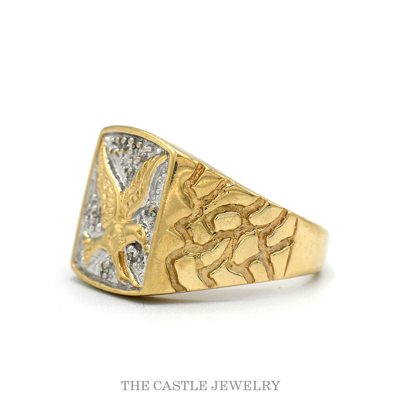 Side profile of the eagle signet ring showing the nugget design shoulders