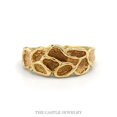 Open nugget ring with polished borders and textured cells in 10k yellow gold — top view