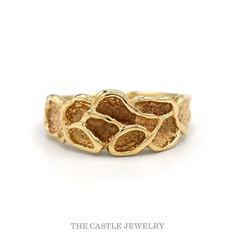 Open nugget ring with polished borders and textured cells in 10k yellow gold — top view