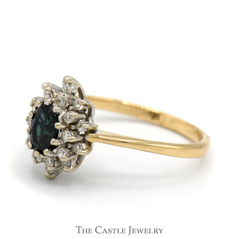 Oval Sapphire Ring with Diamond Cluster Halo in 14k Yellow Gold