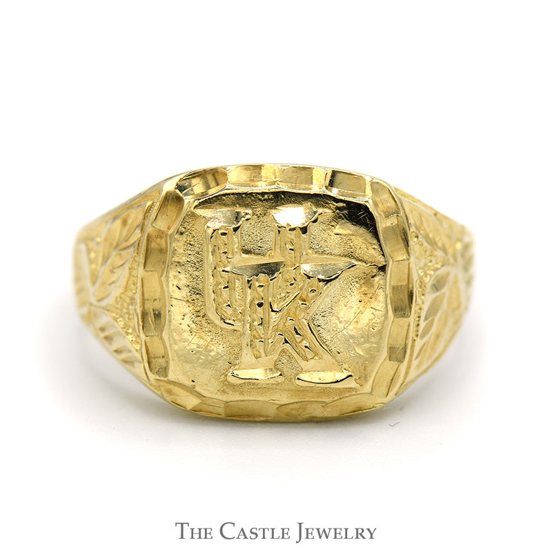 "UK" Logo Ring with Leaf Detailed Sides in 10k Yellow Gold