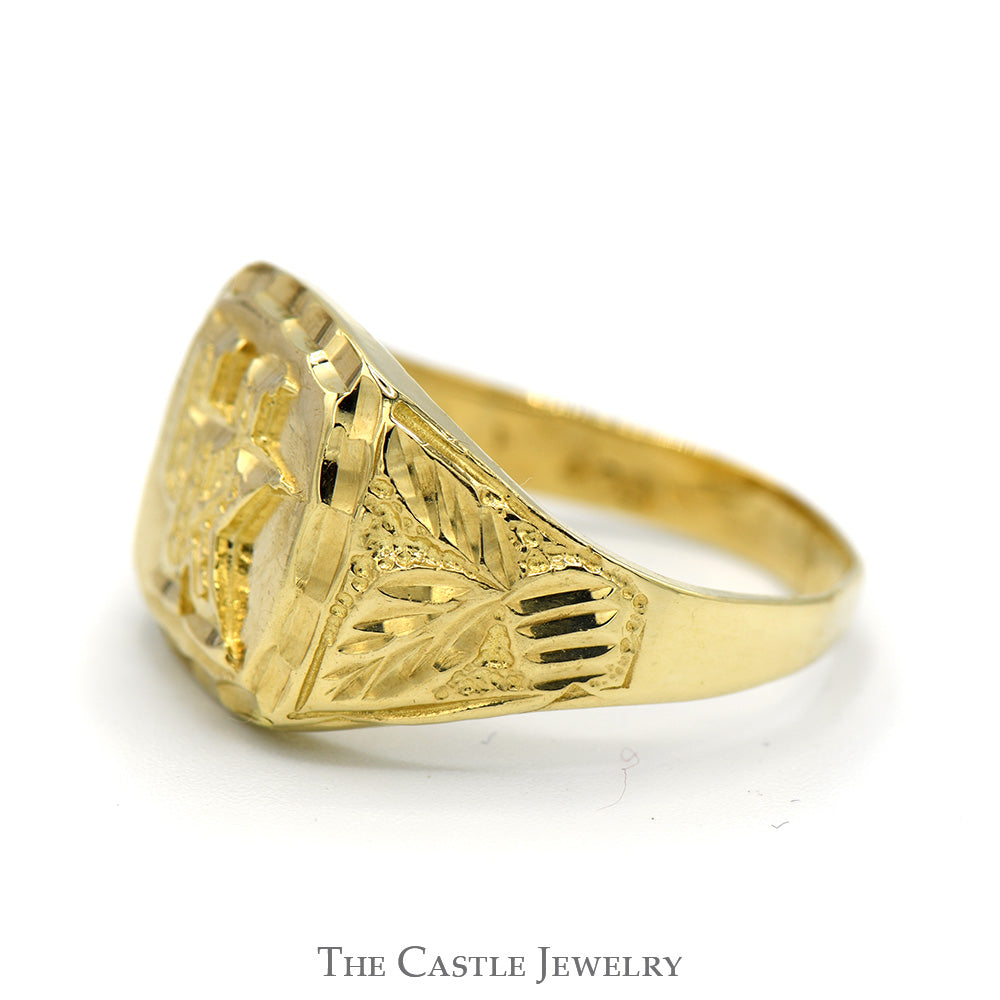 "UK" Logo Ring with Leaf Detailed Sides in 10k Yellow Gold