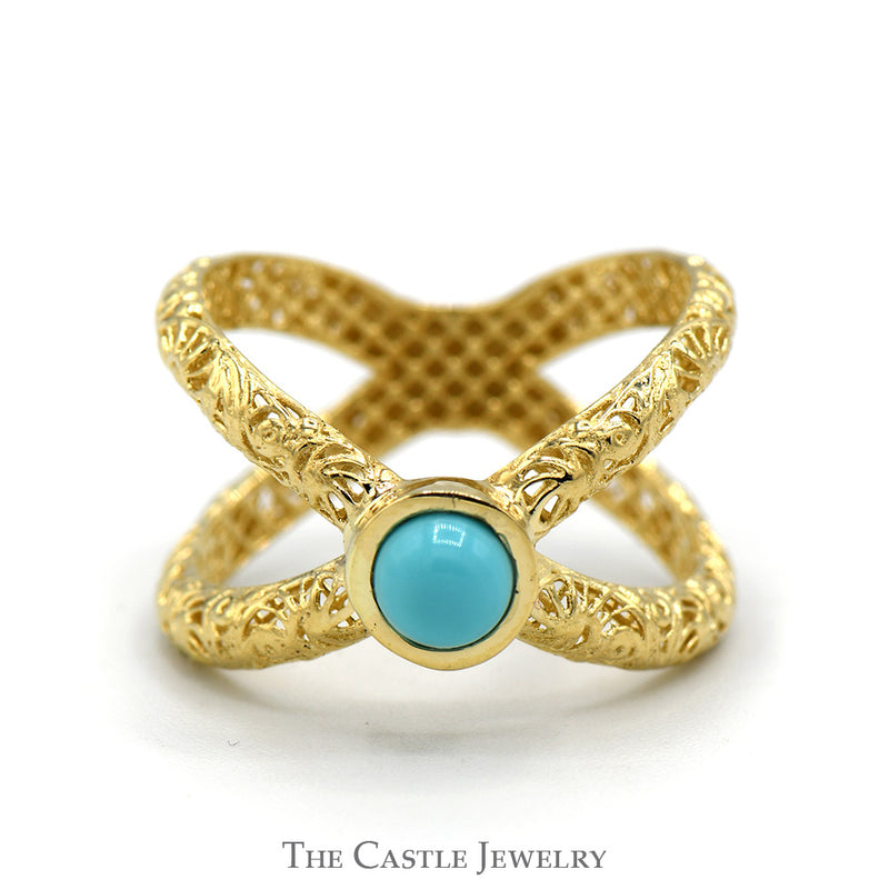 "X" Designed Ring with Turquoise Accent in 14k Yellow Gold