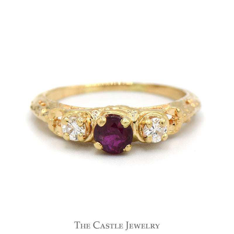 Vintage Style 3 Stone Ruby and Diamond Ring in 14k Yellow Gold