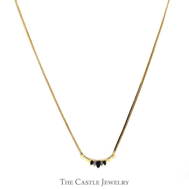 Triple Marquise Sapphire & Diamond Necklace with Flat Link Chain in 10k Yellow Gold