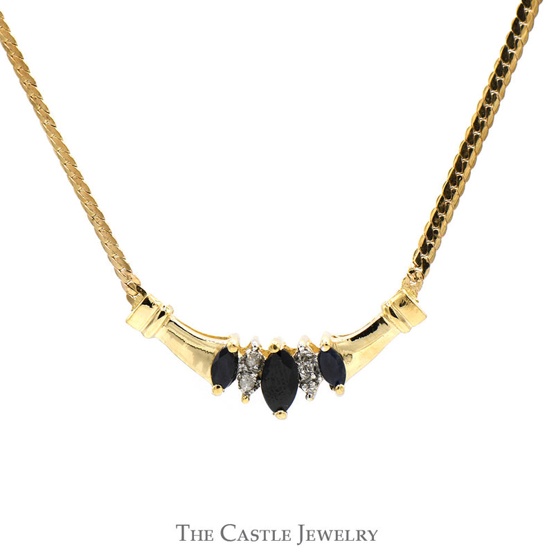 Triple Marquise Sapphire & Diamond Necklace with Flat Link Chain in 10k Yellow Gold