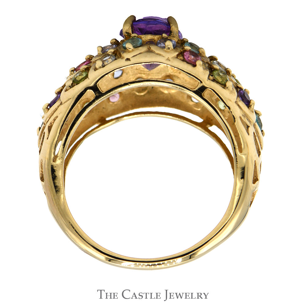 Oval Amethyst & Multi Gemstone Cluster Ring in 10k Yellow Gold The