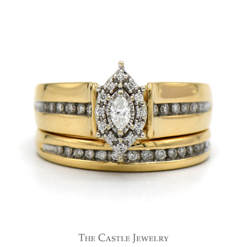 Diamond Bridal Set .33CTTW With .12CT Marquise Cut Center With Diamond Halo And Channel-Set Diamonds In The Bands In 14KT Yellow Gold