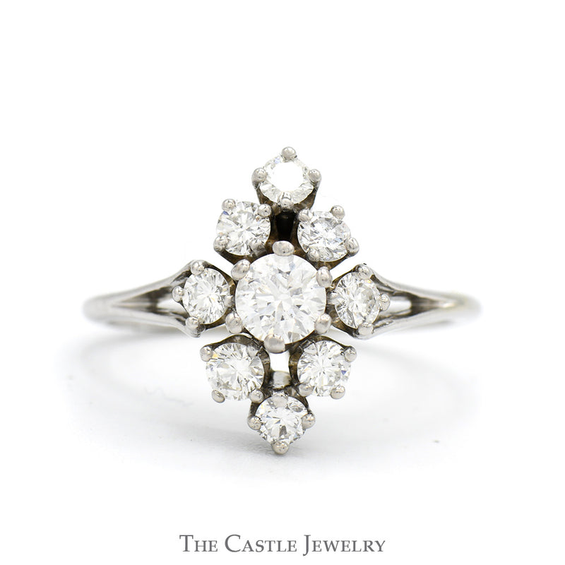 Marquise Shaped Round Diamond Cluster Ring with Split Shank Sides in 14k White Gold