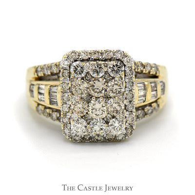 Rectangle Shaped 2cttw Diamond Cluster Ring with Halo and Accents in 10k Yellow Gold