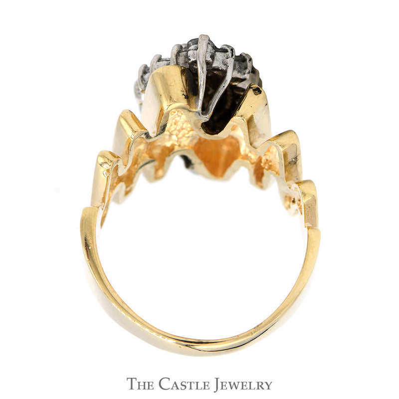 Marquise Shaped 3/4cttw Round Diamond Cluster Ring with Zig Zag Designed Sides in 10k Yellow Gold