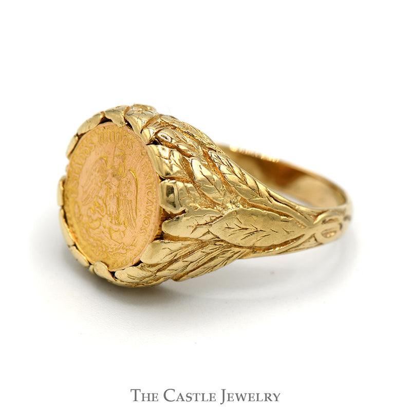 Mexican Dos Pesos Coin Ring with Leaf Designed Textured Mounting in 14k Yellow Gold