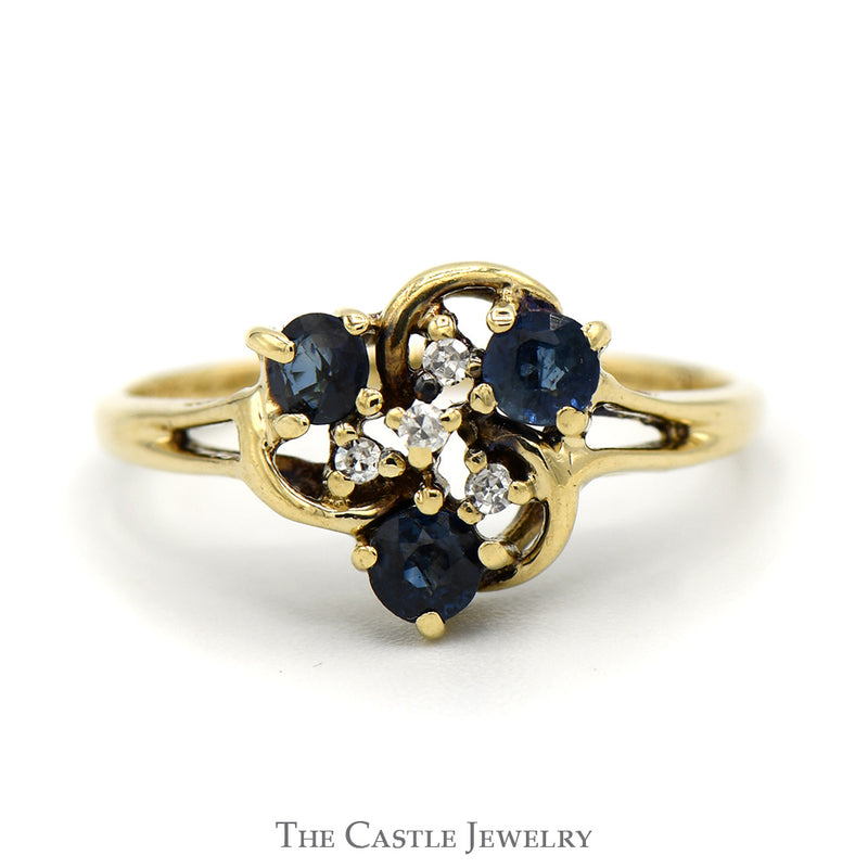 Round Sapphire and Diamond Cluster Ring with Split Shank Sides in 14k Yellow Gold