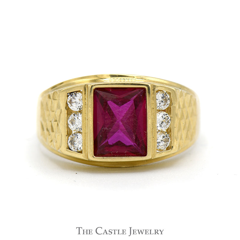 Rectangle Shaped Synthetic Ruby Ring with Channel Set Cubic Zirconia Sides in 14k Yellow Gold