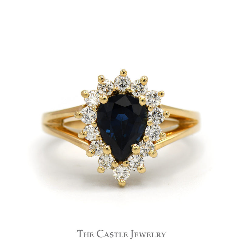 Pear Cut Sapphire Ring with Diamond Halo in 14k Yellow Gold Split Shank Setting