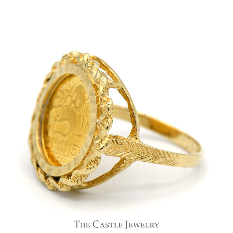 24K Gold 1989 Panda Coin Ring in 14k Yellow Gold Rope Designed Bezel Mount