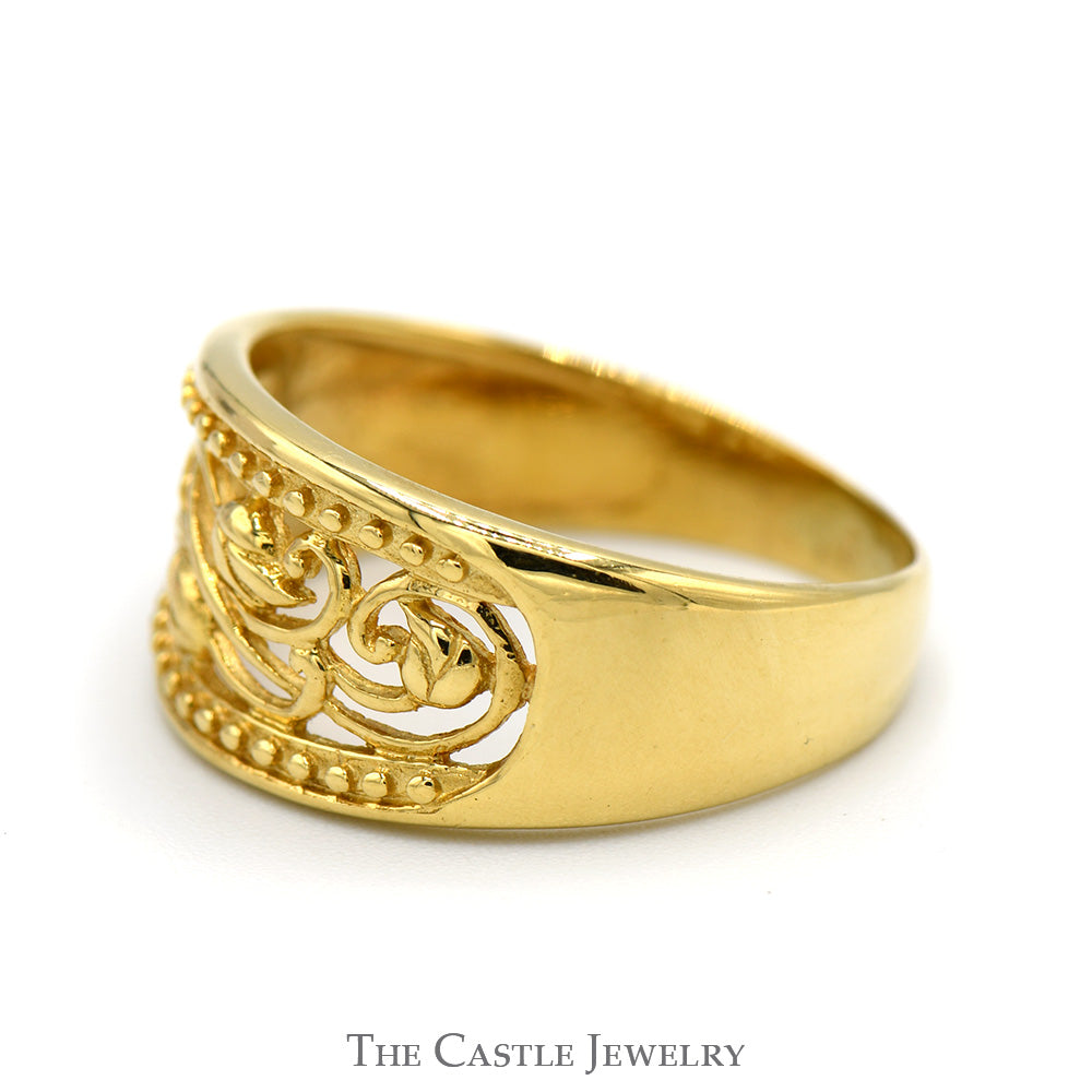 Open Flower and Leaf Designed Beaded Tapered Band in 18k Yellow Gold