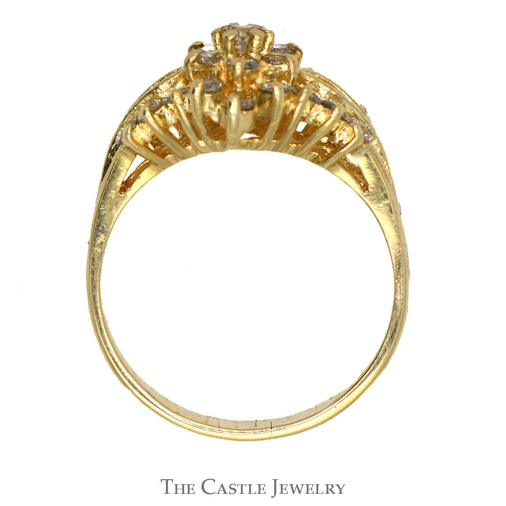 3/4cttw Flower Shaped Diamond Cluster Ring with Split Shank Sides in 14k Yellow Gold