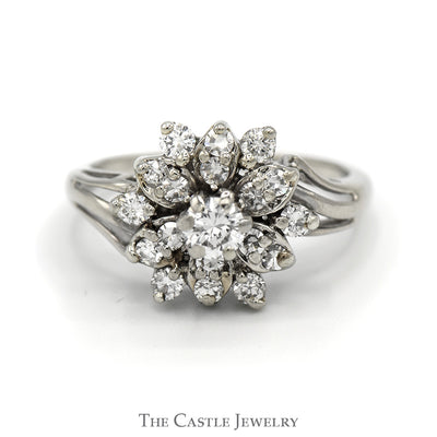 Snowflake Designed 3/4cttw Diamond Cluster Ring with Split Shank Sides in 14k White Gold
