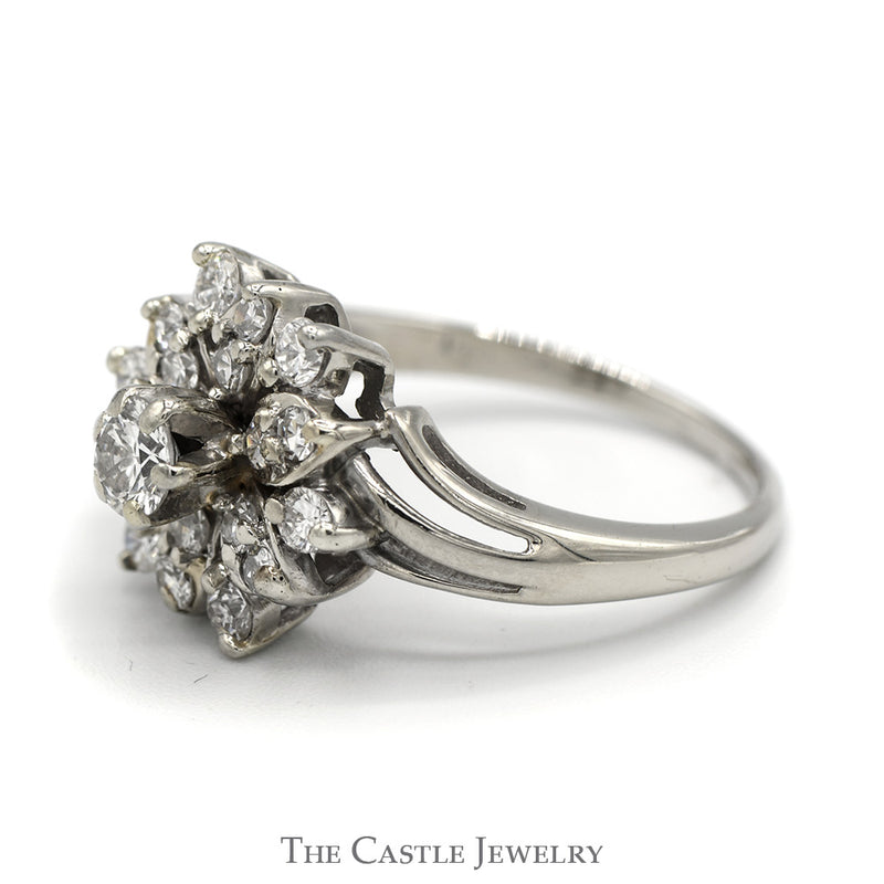 Snowflake Designed 3/4cttw Diamond Cluster Ring with Split Shank Sides in 14k White Gold