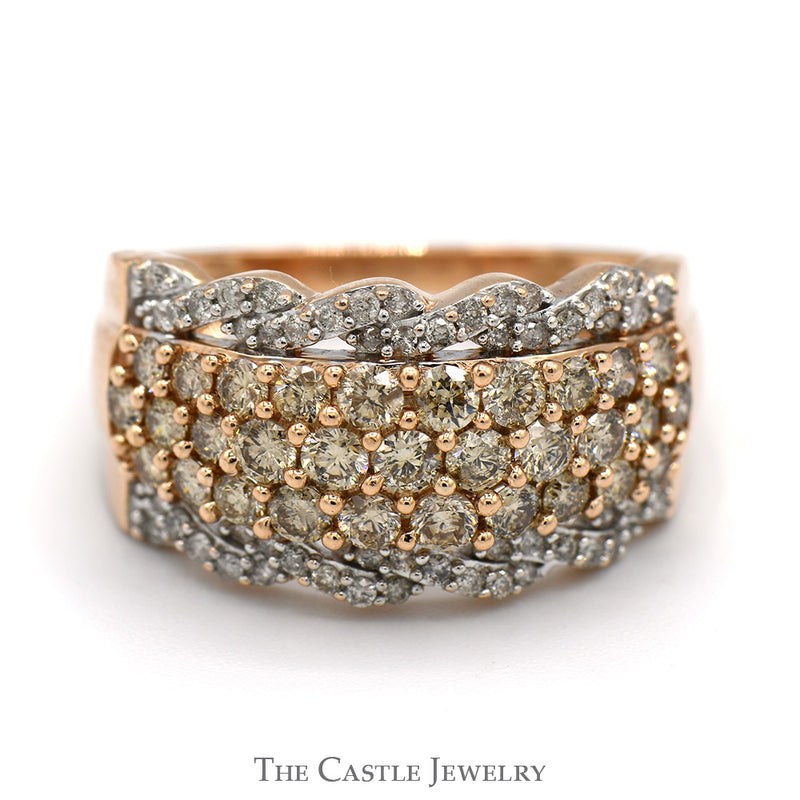 Triple Row Champagne Diamond Cluster Band with Twisted Diamond Accents in 10k Rose Gold