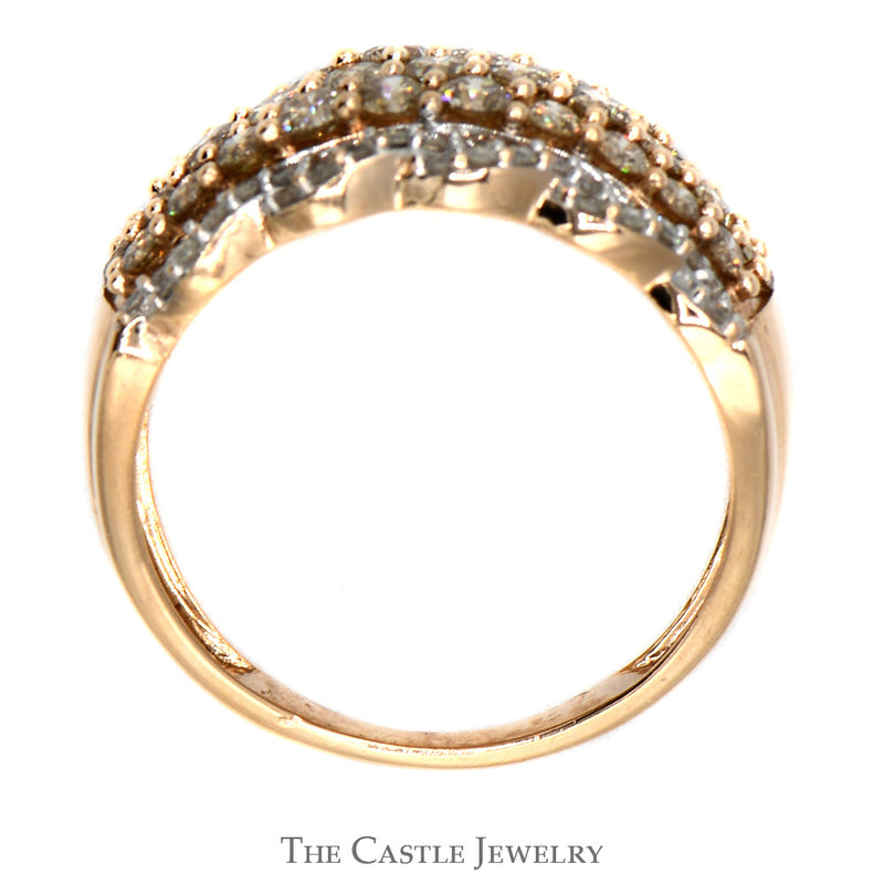 Triple Row Champagne Diamond Cluster Band with Twisted Diamond Accents in 10k Rose Gold