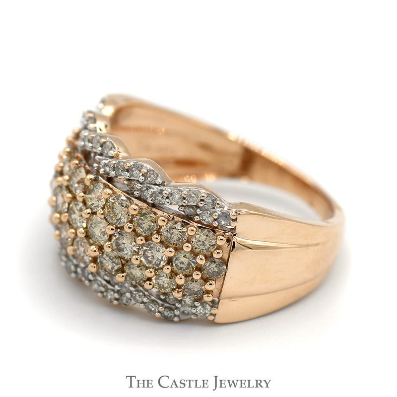 Triple Row Champagne Diamond Cluster Band with Twisted Diamond Accents in 10k Rose Gold