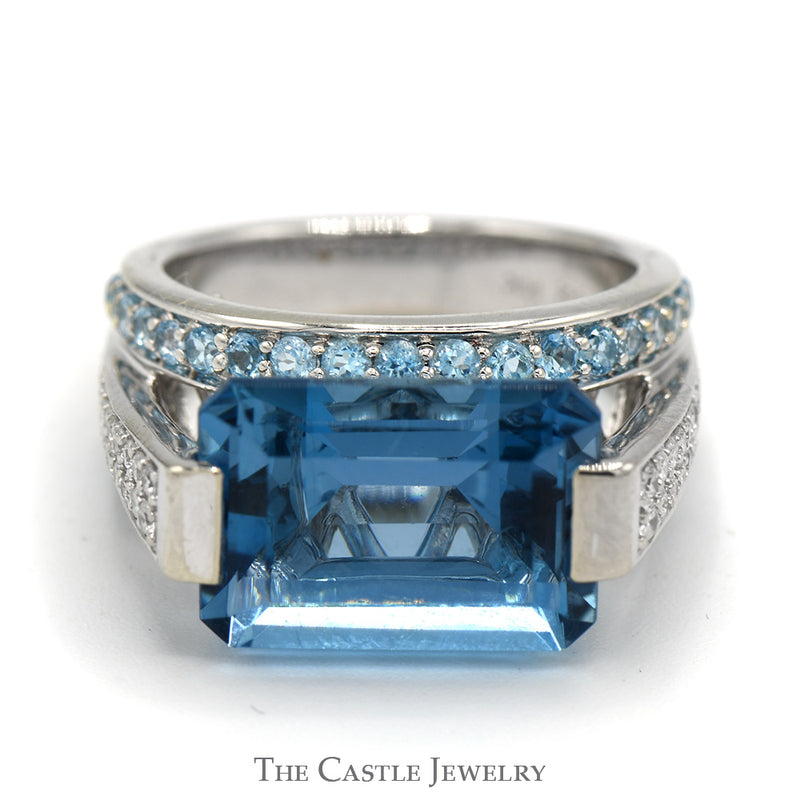 Emerald Cut Blue Topaz Ring with Blue Topaz and Diamond Cluster Accents in 14k White Gold