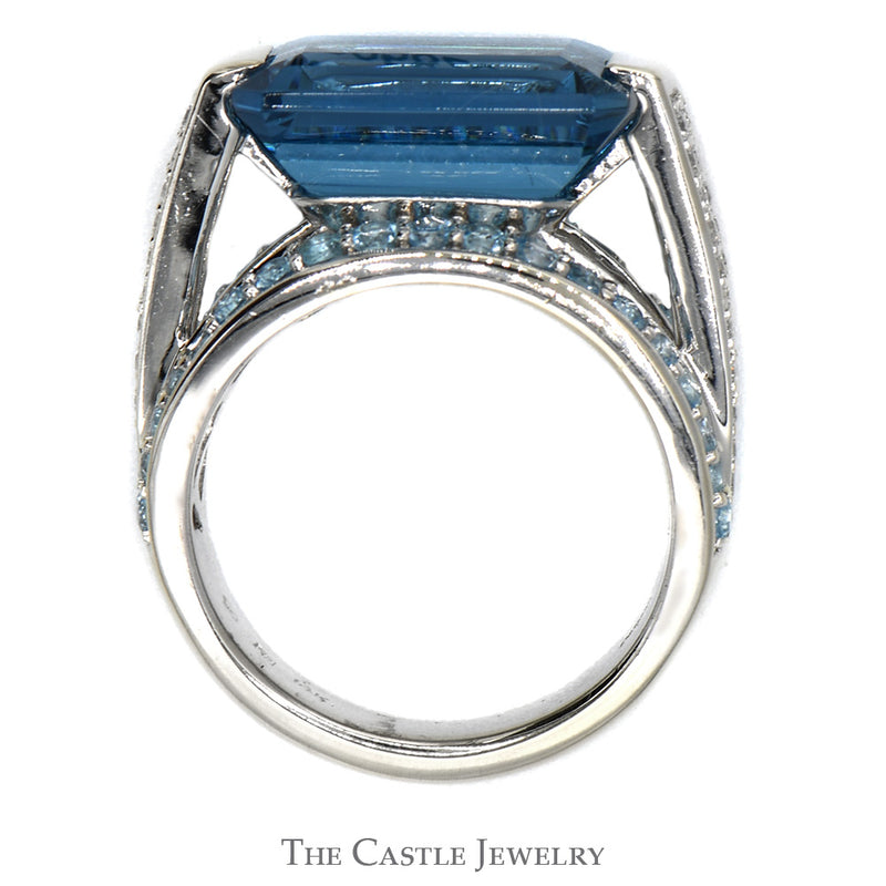 Emerald Cut Blue Topaz Ring with Blue Topaz and Diamond Cluster Accents in 14k White Gold